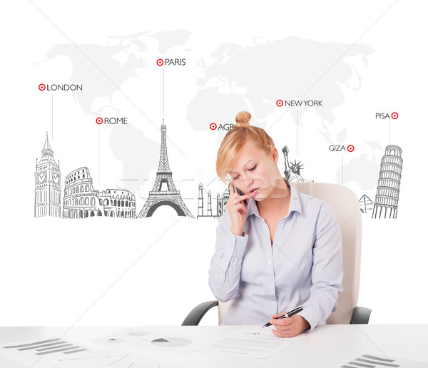 Beautiful young businesswoman with world map and major landmarks of the world Stock photo © ra2studio