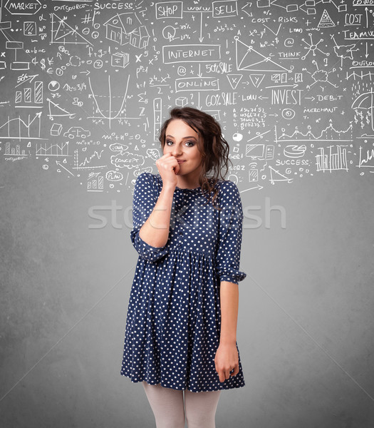 Young pretty lady with hand drawn calculations and icons Stock photo © ra2studio