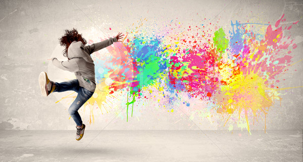 Stock foto: Glücklich · Teenager · springen · farbenreich · Tinte · splatter