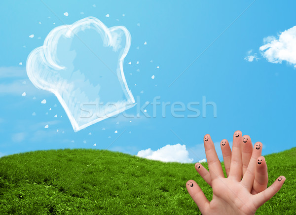 Happy smiley face fingers looking at illustration of cook hat Stock photo © ra2studio