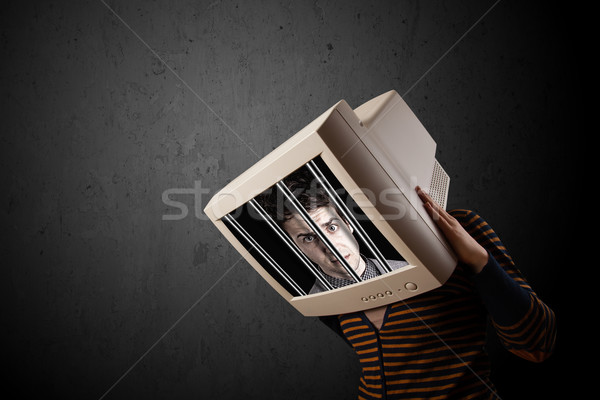 Business man with monitor on his head traped into a digital syst Stock photo © ra2studio