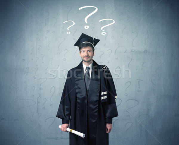 Foto stock: Jovem · pós-graduação · adolescente · pontos · de · interrogação · cabeça