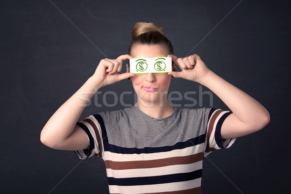 Stockfoto: Jong · meisje · papier · groene · dollarteken · business