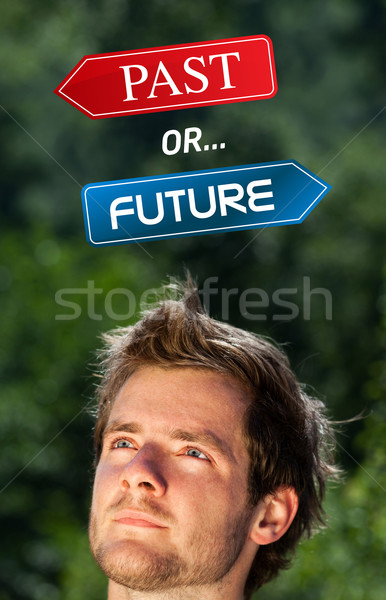 Young head looking at positive negative signs Stock photo © ra2studio