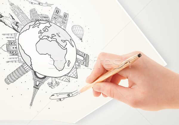 Mână desen vacanţă excursie in jurul glob Imagine de stoc © ra2studio