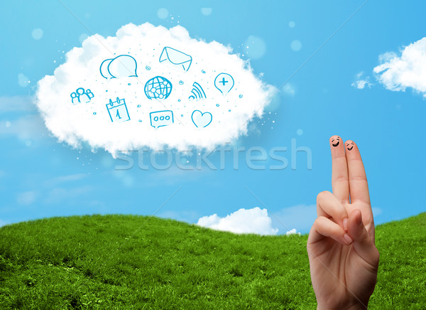 Foto stock: Feliz · alegre · emoticon · dedos · olhando · nuvem