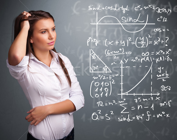 Beautiful school girl thinking about complex mathematical signs Stock photo © ra2studio