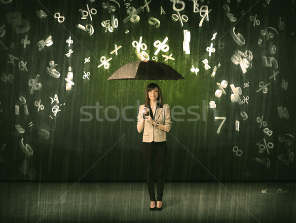 Geschäftsfrau stehen Dach 3D Zahlen regnet Stock foto © ra2studio
