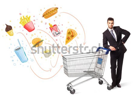 Férfi bevásárlókocsi mérgező egészségtelen étel üzletember toló Stock fotó © ra2studio