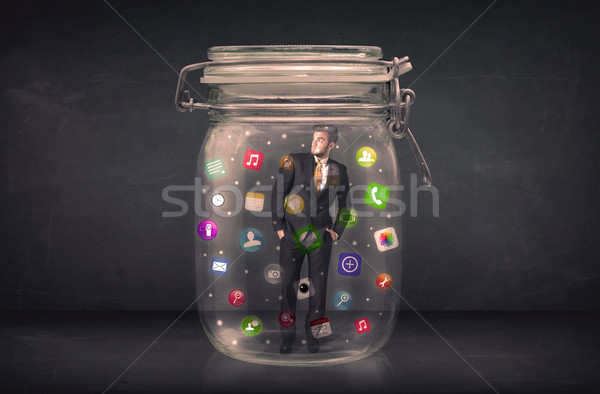 Stock fotó: üzletember · üveg · bögre · színes · app · ikonok