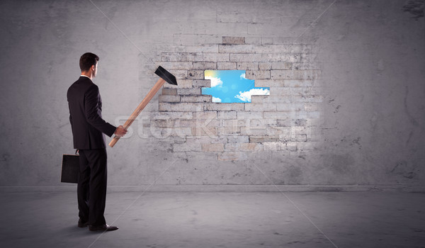 Business man hitting brick wall with hammer Stock photo © ra2studio