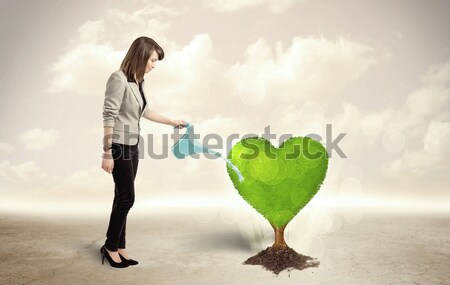 Business woman watering heart shaped green tree Stock photo © ra2studio