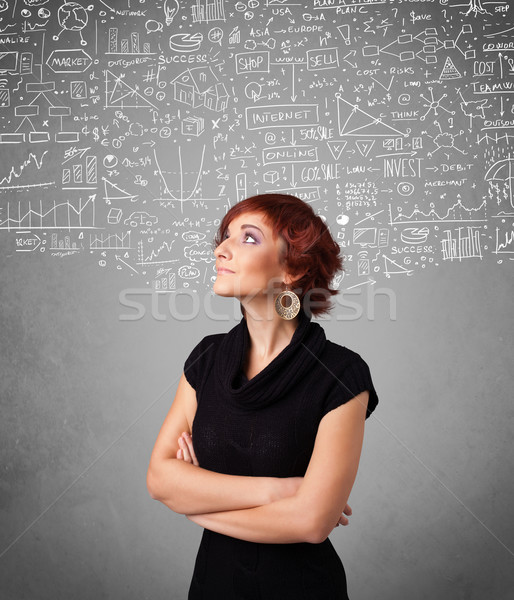 Young pretty lady with hand drawn calculations and icons Stock photo © ra2studio