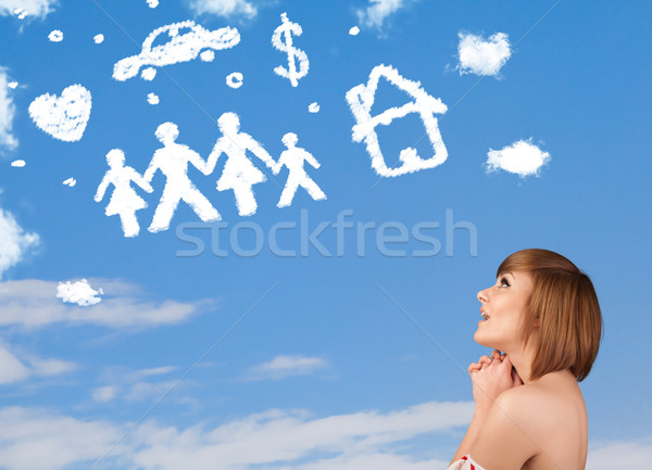 Jong meisje familie huishouden wolken blauwe hemel Stockfoto © ra2studio
