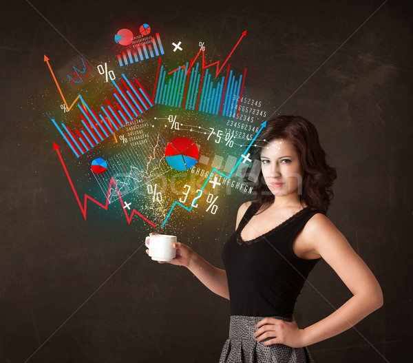 Businesswoman holding a white cup with diagrams and graphs Stock photo © ra2studio