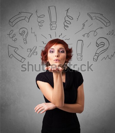 Young woman with hair style and hand drawn exclamation signs Stock photo © ra2studio