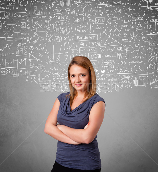 Stock photo: Young pretty lady with hand drawn calculations and icons