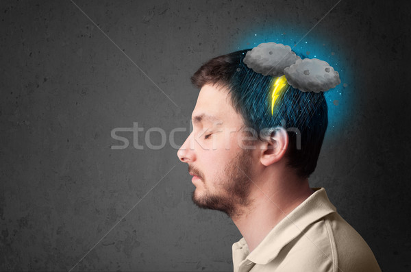 Człowiek burza z piorunami pioruna głowie niebo grupy Zdjęcia stock © ra2studio