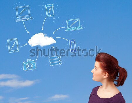 Stock fotó: Lezser · lány · néz · felhő · alapú · technológia · kék · ég · fiatal · lány