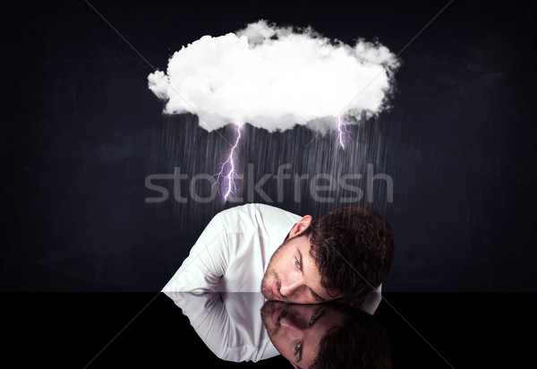 鬱悶 商人 坐在 雲 閃電 多雨的 商業照片 © ra2studio