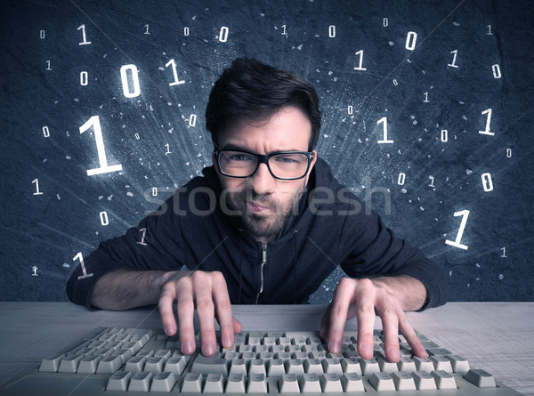 Online intruso geek ragazzo l'hacking divertente Foto d'archivio © ra2studio