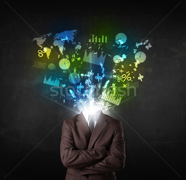 Business man in suit with graph and charts exploding from his bo Stock photo © ra2studio