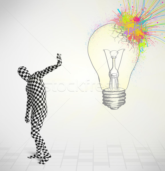 3d human character is body suit morphsuit looking at abstract colorful lightbulb Stock photo © ra2studio