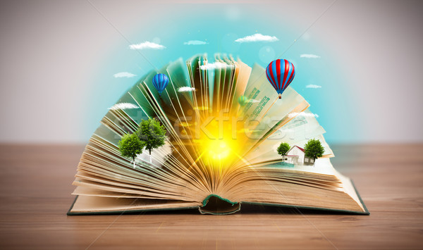 Open book with green nature world coming out of its pages Stock photo © ra2studio