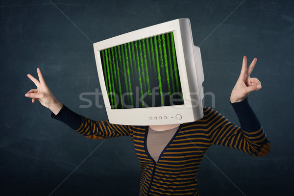 Cyber human with a monitor screen and computer code on the displ Stock photo © ra2studio