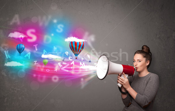 Girl shouting into megaphone and abstract text and balloons come Stock photo © ra2studio