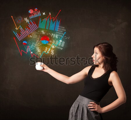 Businesswoman holding a white cup with diagrams and graphs Stock photo © ra2studio