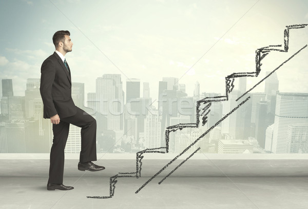 Business man climbing up on hand drawn staircase concept Stock photo © ra2studio