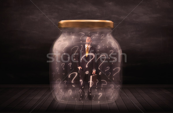 Empresário trancado jarra pontos de interrogação vidro triste Foto stock © ra2studio