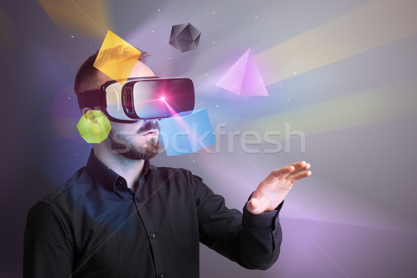Zakenman virtueel realiteit stofbril verwonderd kleurrijk Stockfoto © ra2studio
