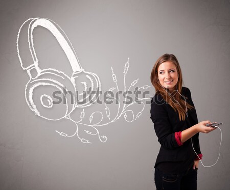 Stockfoto: Jonge · vrouw · zingen · luisteren · naar · muziek · abstract · hoofdtelefoon · uit