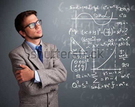 Jóképű iskolás fiú gondolkodik összetett matematikai feliratok Stock fotó © ra2studio