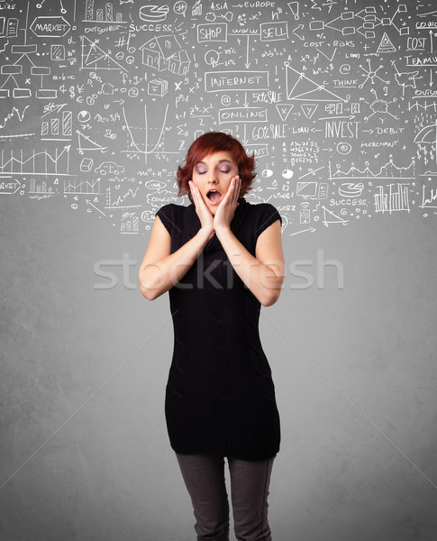 Young pretty lady with hand drawn calculations and icons Stock photo © ra2studio