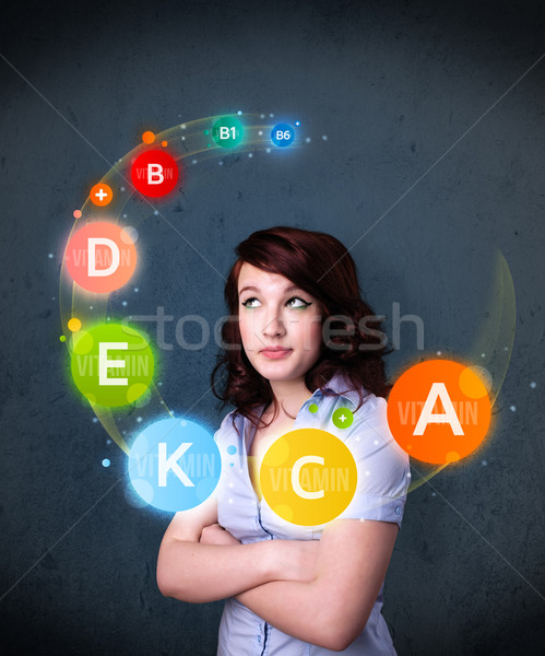 Young woman thinking with vitamins circulation around her head Stock photo © ra2studio