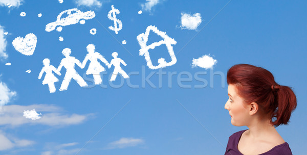 Stockfoto: Jong · meisje · familie · huishouden · wolken · blauwe · hemel