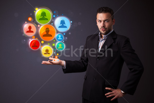 Foto stock: Red · social · iconos · mano · empresario · jóvenes