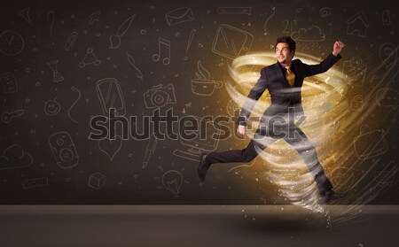 Foto stock: Feliz · empresário · saltando · tornado · marrom · negócio