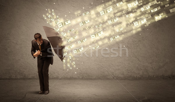 Geschäftsmann halten Dach Dollar Regen schmutzig Stock foto © ra2studio