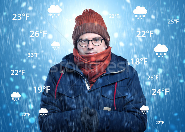 Garçon vêtements chauds météorologiques état jeune homme prévision [[stock_photo]] © ra2studio