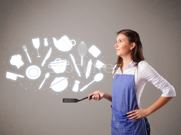 [[stock_photo]]: Jeune · femme · cuisine · icônes · joli · jeunes