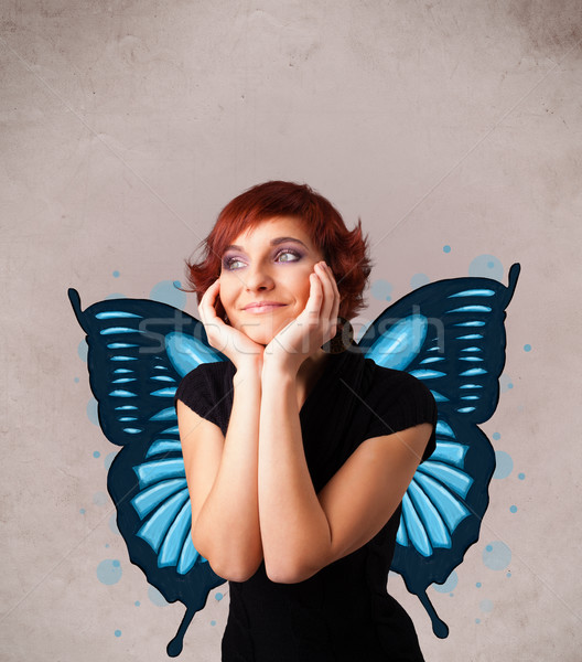 Genç kız kelebek mavi örnek geri sevimli Stok fotoğraf © ra2studio