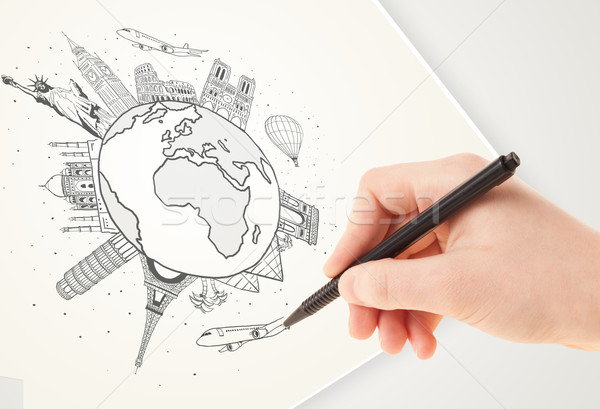Hand drawing vacation trip around the globe with landmarks and major cities  Stock photo © ra2studio