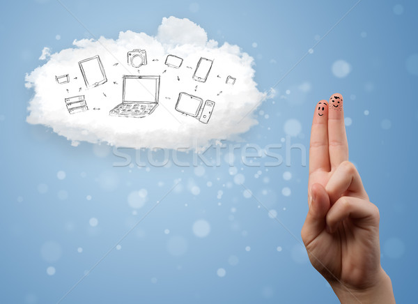 Stock fotó: Boldog · derűs · emotikon · ujjak · néz · felhő · alapú · technológia