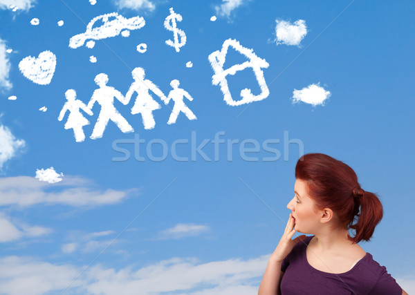 Stok fotoğraf: Genç · kız · aile · ev · bulutlar · mavi · gökyüzü
