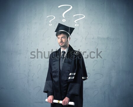 Foto stock: Jovem · pós-graduação · adolescente · pontos · de · interrogação · cabeça