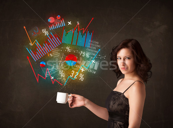 Businesswoman holding a white cup with diagrams and graphs Stock photo © ra2studio